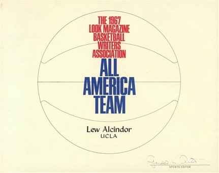 The 1967 Look Magazine Basketball Writer’s Association All America Team Certificate Presented To Lew Alcindor (Abdul-Jabbar LOA)